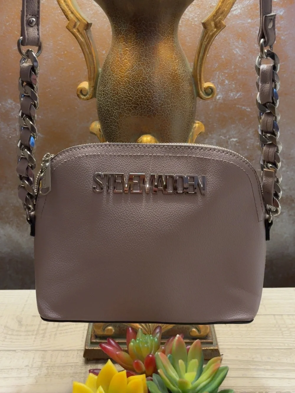 Like New ~ Steve Madden Blush Taupe  W/ Partial Chain-Strap Messenger Bag